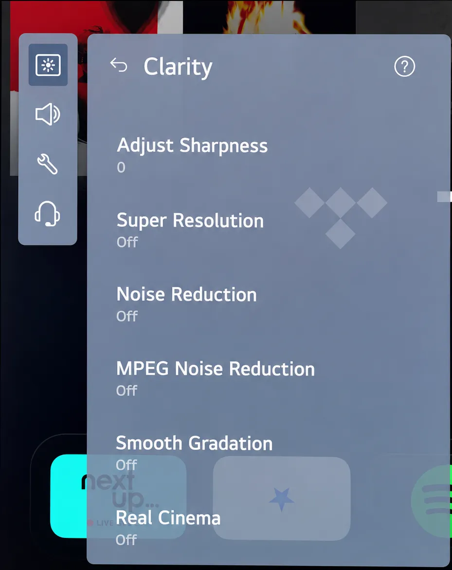 Television clarity settings with additional processing disabled