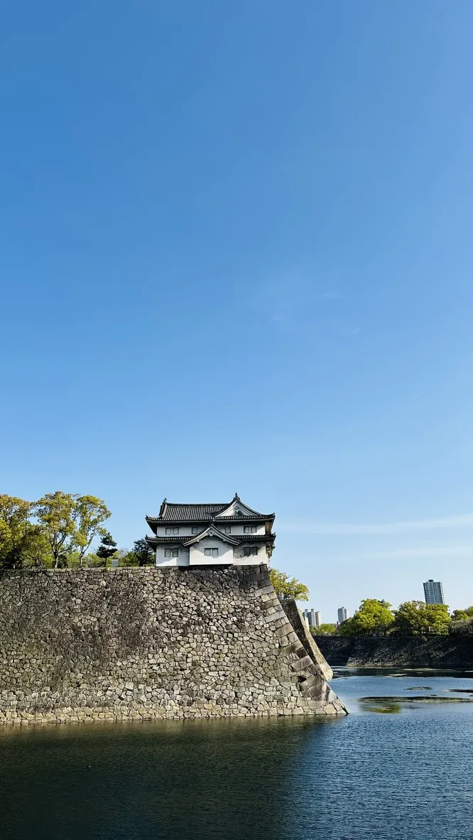 A traditional Japanese castle stands on a stone wall overlooking a calm body of water, set against a clear blue sky. Surrounding trees add a touch of greenery to the scene.
