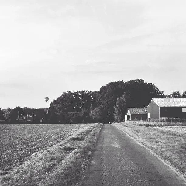A winding rural road stretches alongside a field, leading towards a cluster of trees and houses. In the distance, a hot air balloon is visible against a cloudy sky.