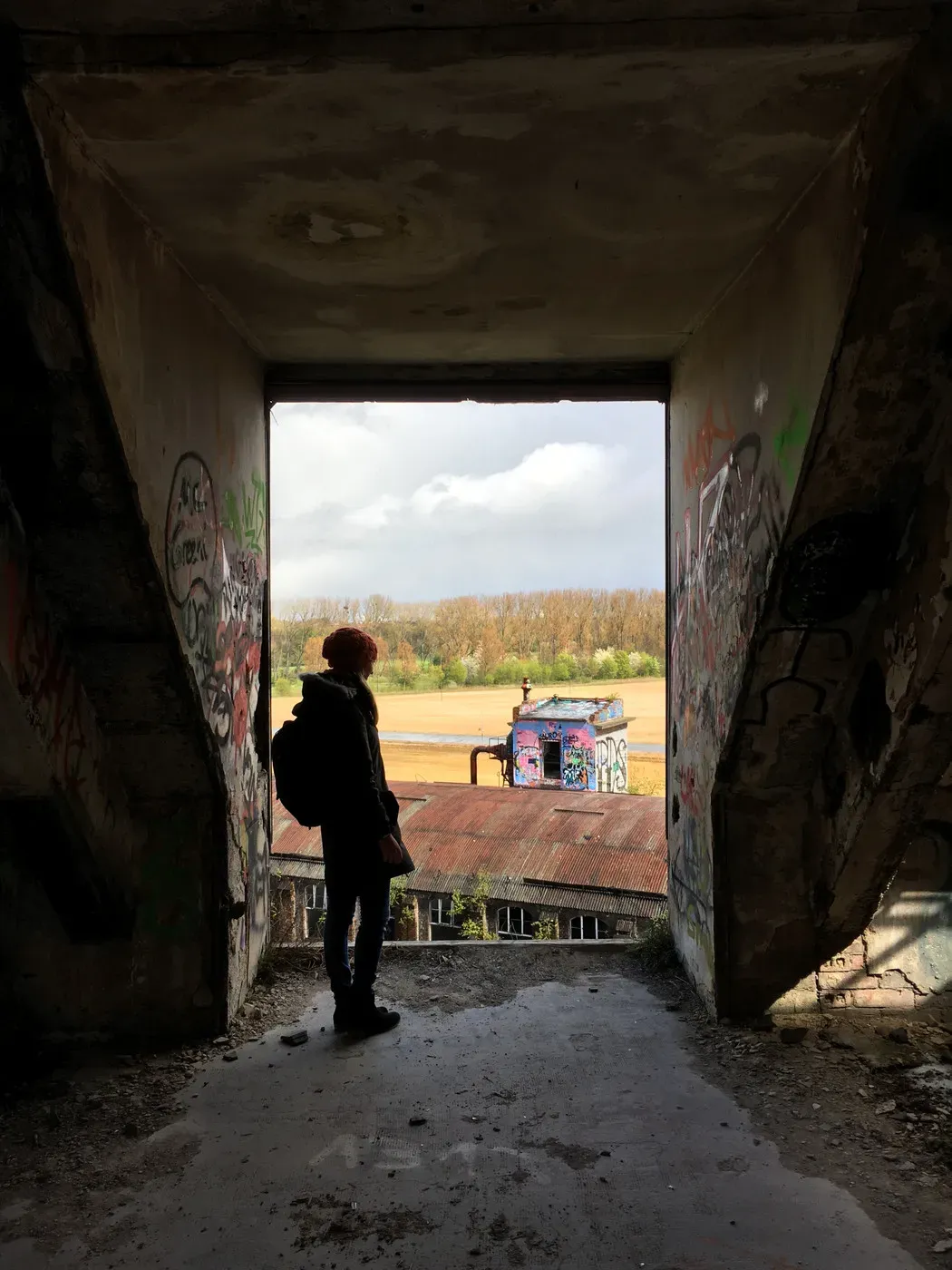 A person stands in a doorway of an abandoned building, silhouetted against a view of a distant landscape with trees and graffiti-covered structures. The walls are adorned with colorful graffiti, and the scene is illuminated by soft natural light.