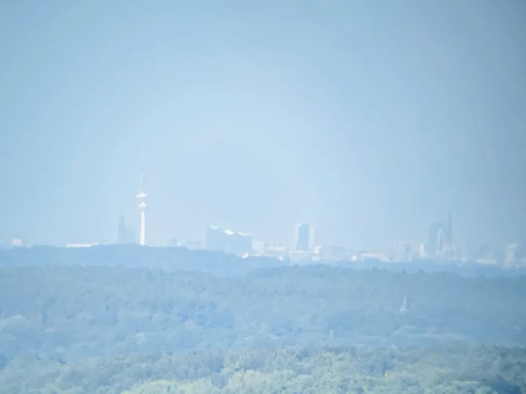 A distant city skyline is visible, with a prominent tower and various buildings appearing through a hazy atmosphere, set against a backdrop of green hills and trees.