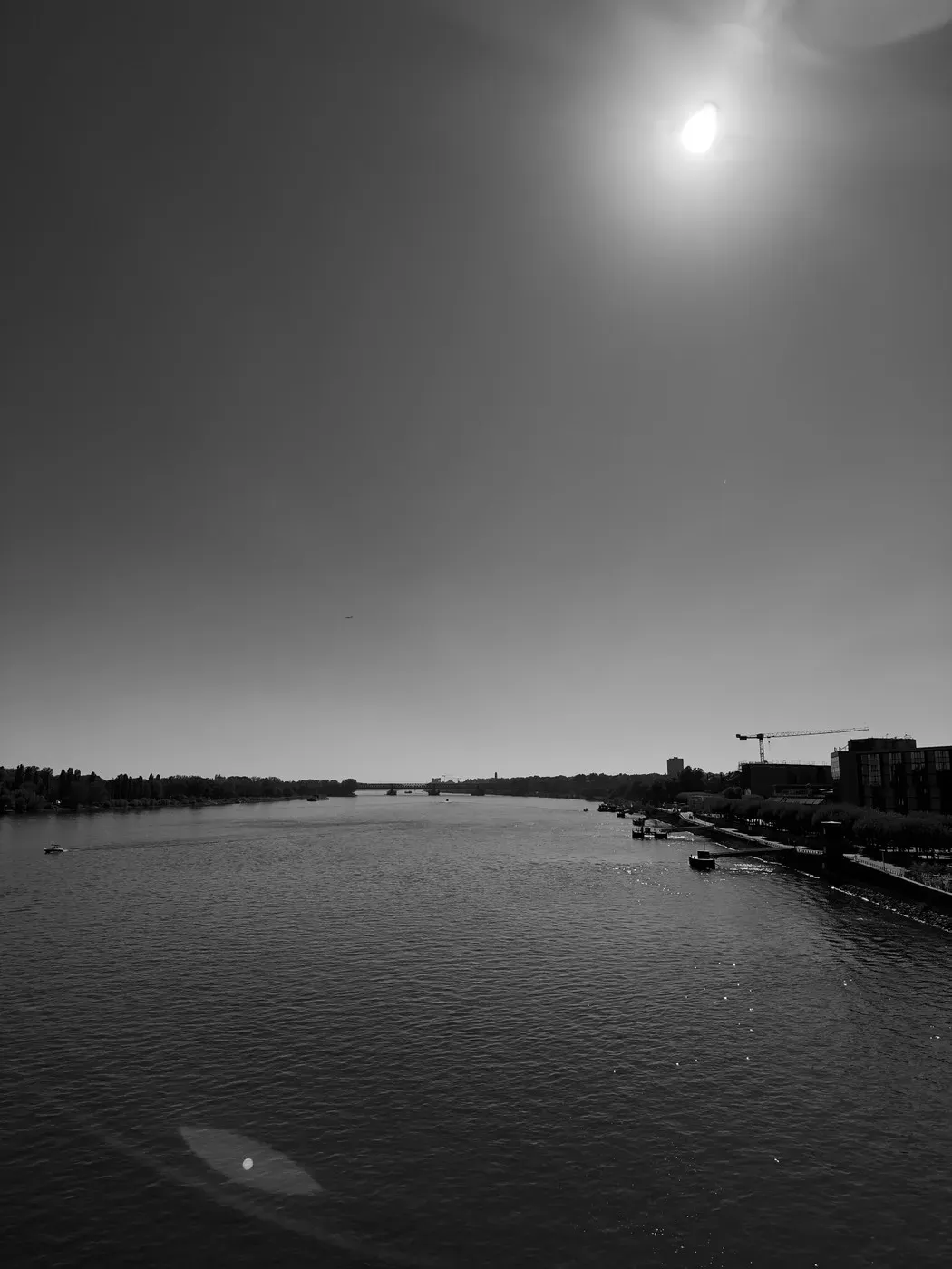 A wide river stretches across the foreground, reflecting sunlight, with a clear sky above. The skyline features trees and buildings along the riverbank, and a faint crane is visible in the background on the right.