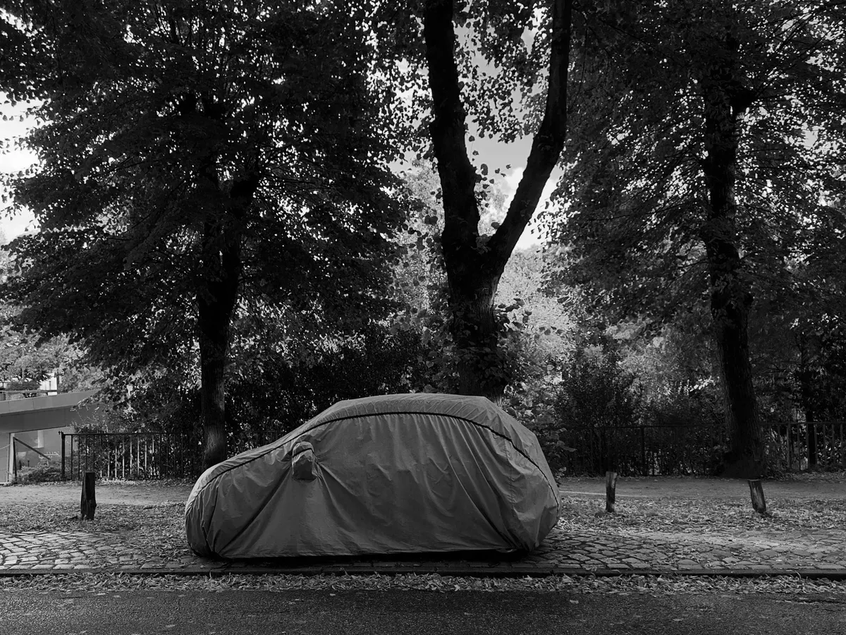 A covered car is parked on a tree-lined street, surrounded by fallen leaves. The scene is in black and white, conveying a misty, subdued atmosphere.