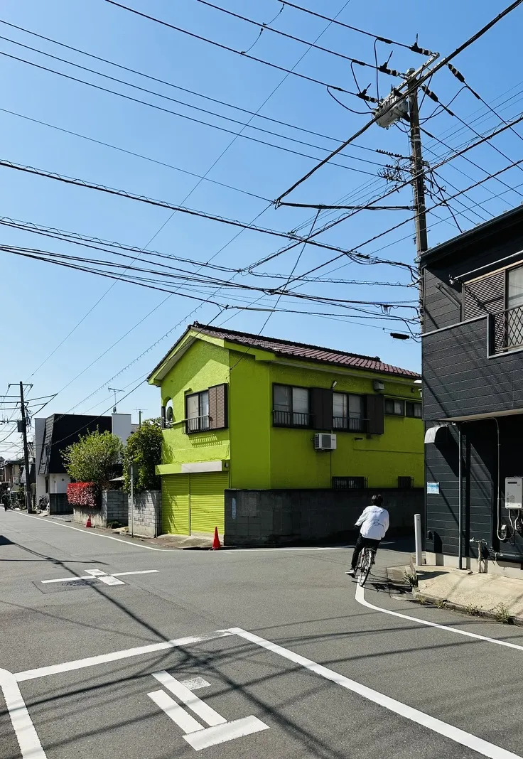 A cyclist rides down a quiet street, passing a bright green house on the corner. Power lines crisscross against a clear blue sky, and another building with dark siding stands nearby.