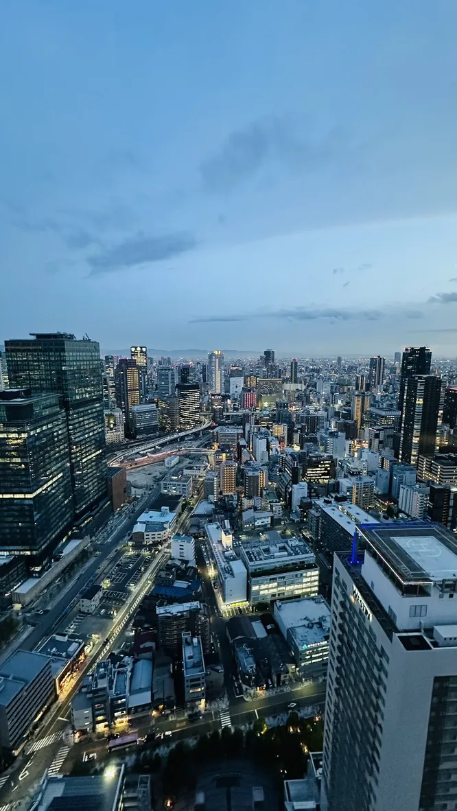 A panoramic view of a modern city skyline during dusk, featuring a blend of tall skyscrapers and lower buildings, with a network of streets visible below. The horizon is illuminated by city lights, and the sky shows a mix of blue and gray hues.