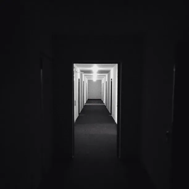 A long, dark corridor stretches into the background, with dimly lit doors lining either side. The light at the far end creates a contrast against the shadows, enhancing the eerie atmosphere.