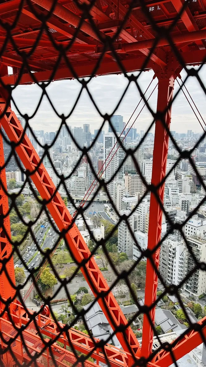 A city skyline is visible through a grid-like metal framework painted in bright red. The perspective is taken from within a structure, revealing buildings and green spaces in the background.
