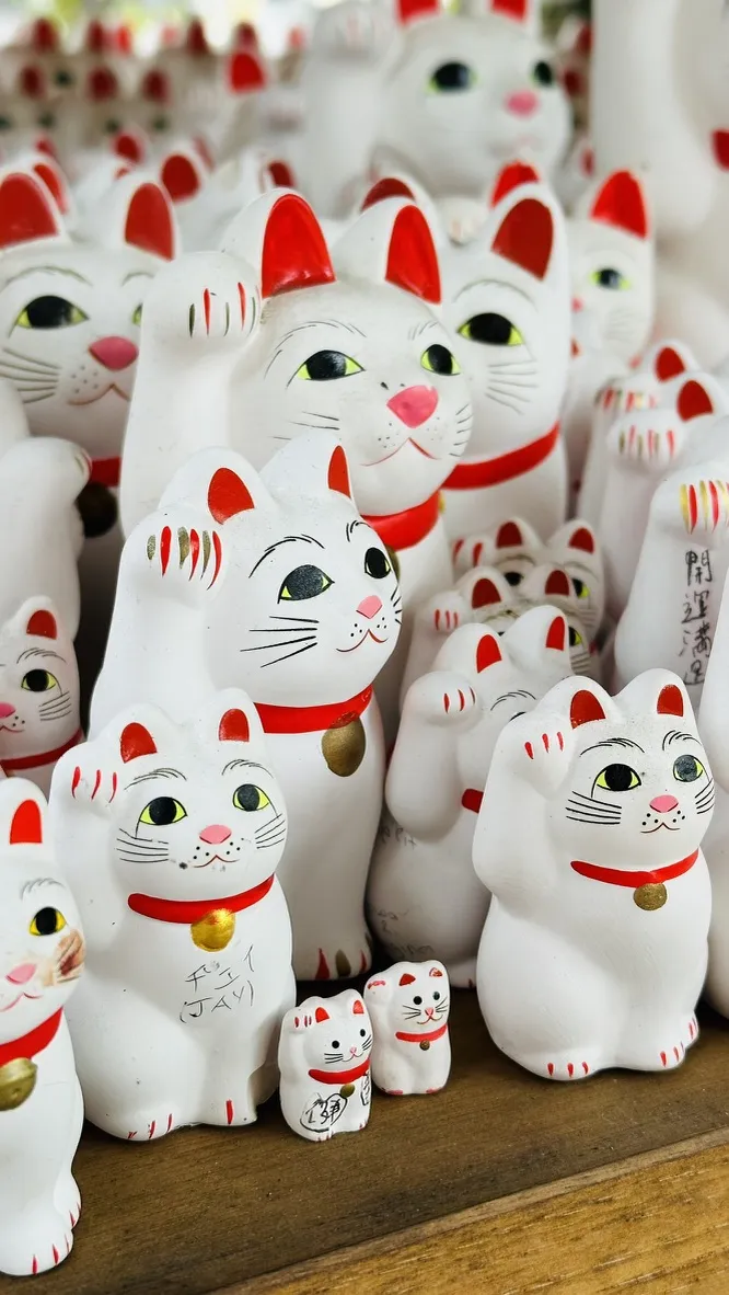 A collection of white ceramic lucky cats, or maneki-neko, with red accents, arranged closely together. The cats are posed with one paw raised, and various sizes are represented, including a small cat in front of larger ones.