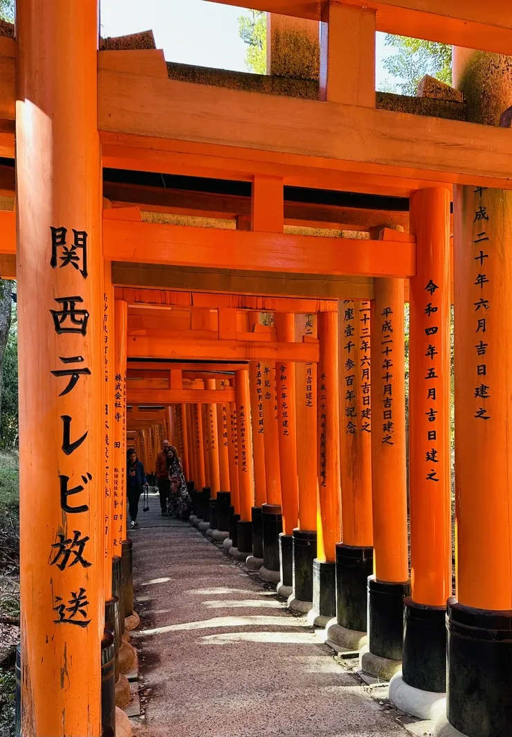 A pathway lined with vibrant orange torii gates, each adorned with traditional Japanese inscriptions. The gates create a tunnel-like effect, leading deeper into a serene landscape.