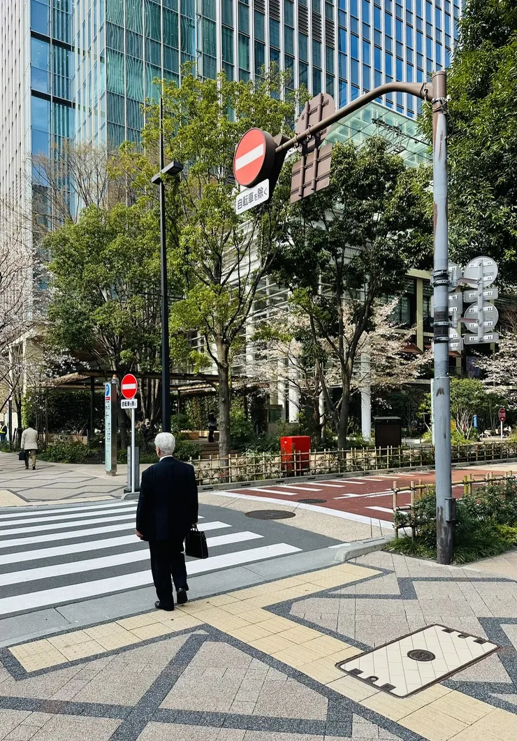 A man in a black suit walks along a crosswalk with his briefcase in hand. In the background, there are trees and modern buildings, while traffic lights and street signs indicate no entry ahead.