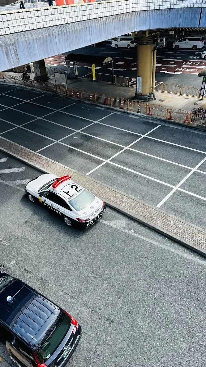 A white police car with a red light on the roof is driving along a city street, which features marked crosswalks and traffic lines. In the background, a roadway with traffic barriers and vehicles is visible under a bridge.