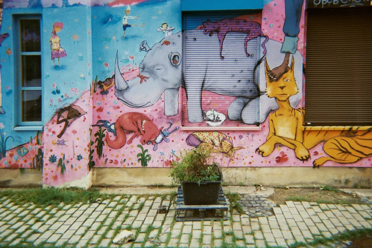 A colorful mural covers a building wall, featuring a large gray rhinoceros, a yellow cat, and various other animals and whimsical characters amidst vibrant patterns and flowers. In the foreground, a black planter holds greenery, set against a cobblestone path.