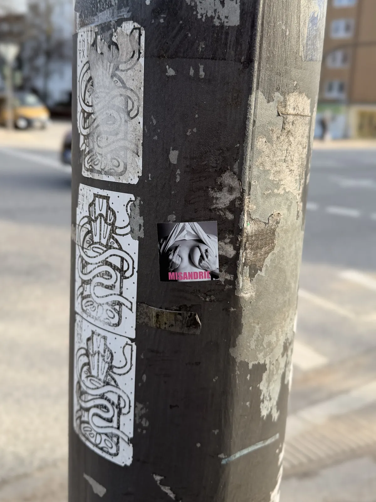 A weathered street pole features several stickers, with the most prominent one displaying a black-and-white image of a woman's upper body with two middle fingers covering their breasts and the word 
