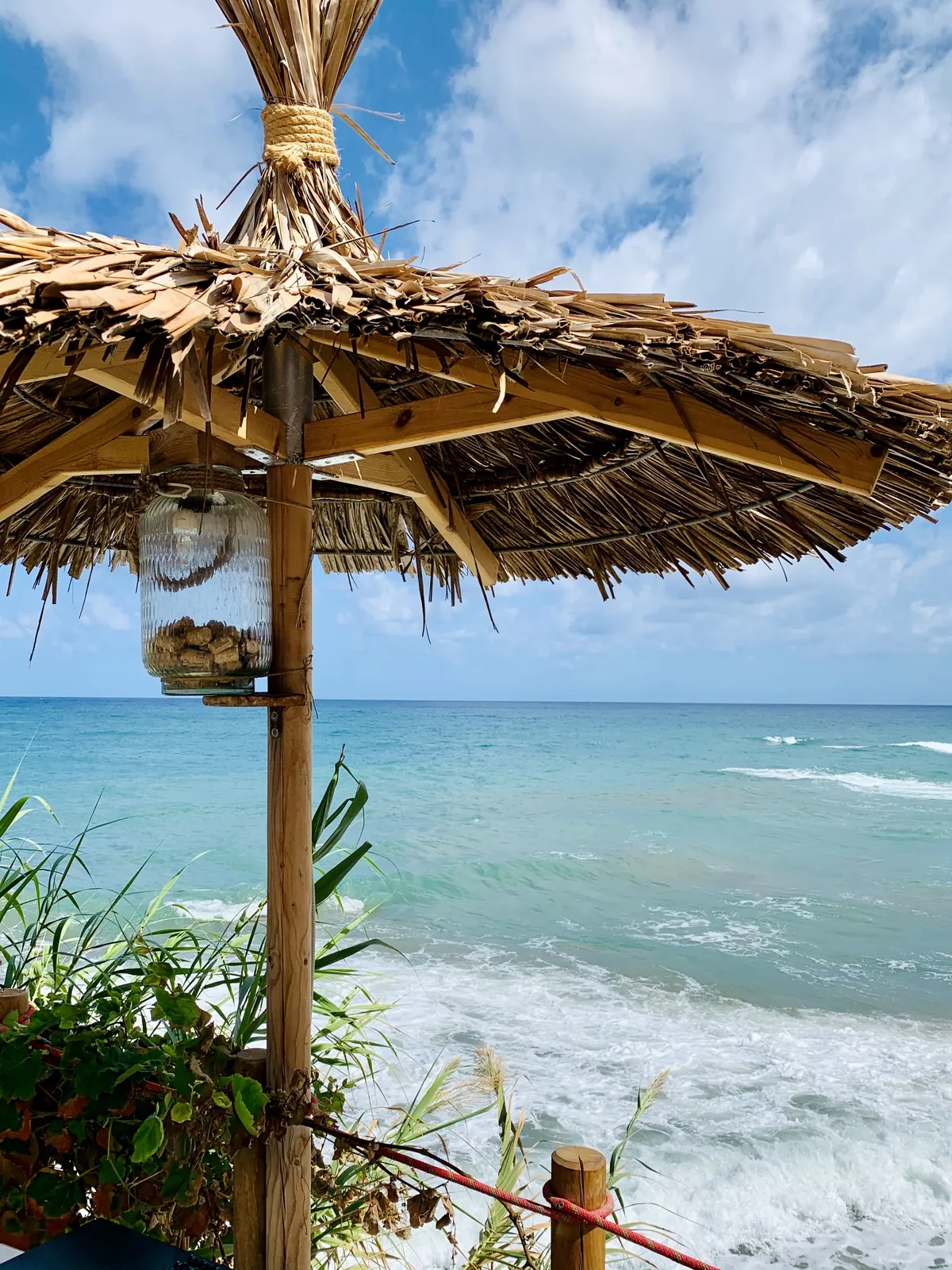A thatched umbrella stands by the shore, overlooking a tranquil sea with gentle waves. The sky is partly cloudy, and lush green plants are visible in the foreground.