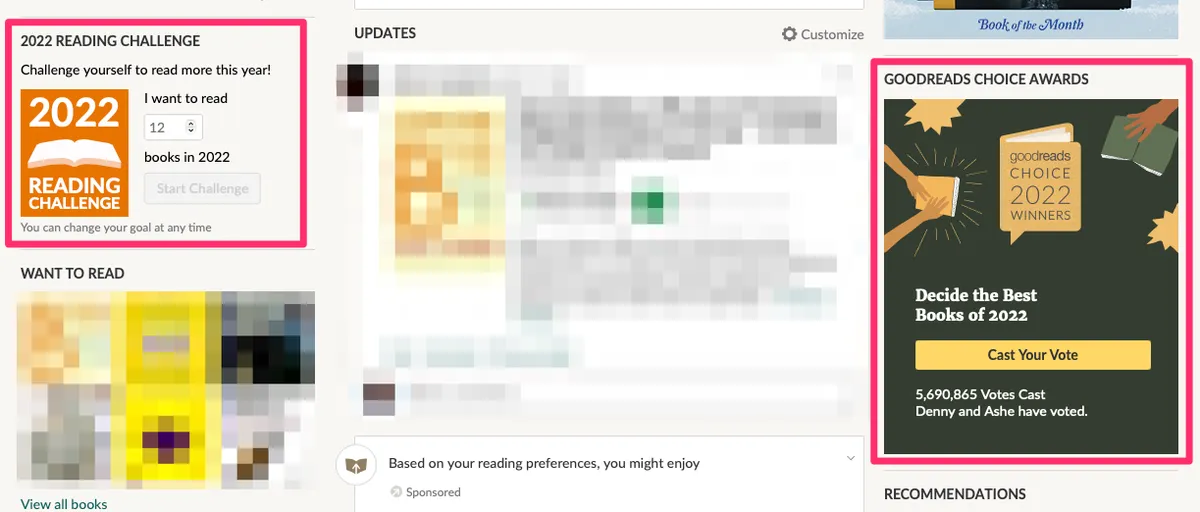 goodreads screenshot showing a signup for a yearly reading challenge