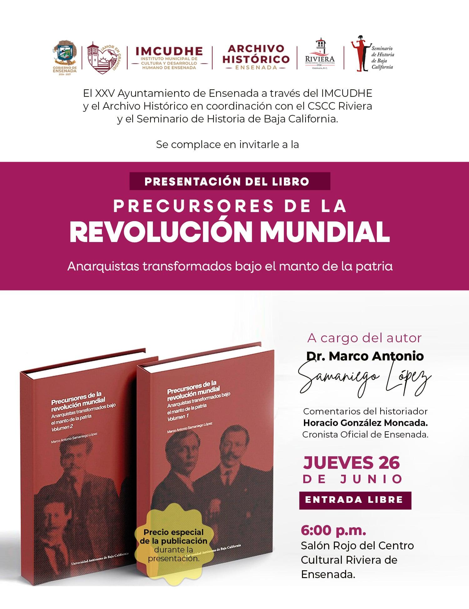 Póster anunciando la presentación del libro, con dos ejemplares mostrados en la imagen, en portada color rojo y una fotografía de los magonistas