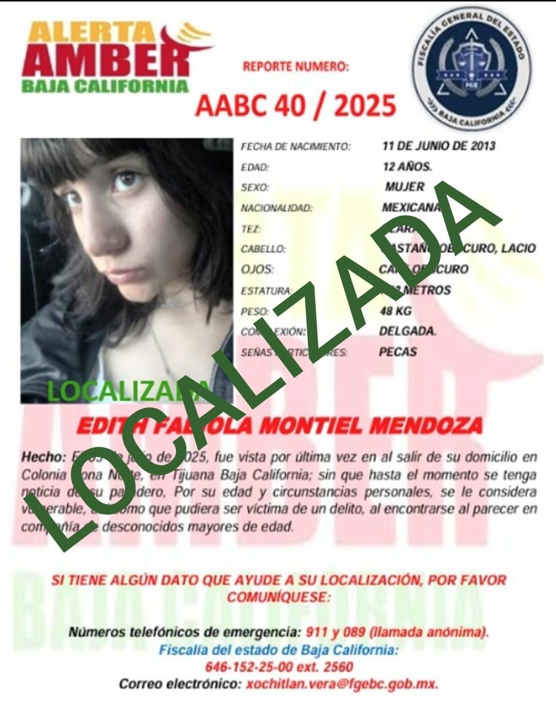 Cancelada Alerta Amber de la menor de 12 años Edith Fabiola Montiel Mendoza