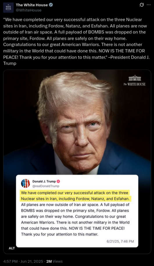 Presidente Trump informa de bombardeo