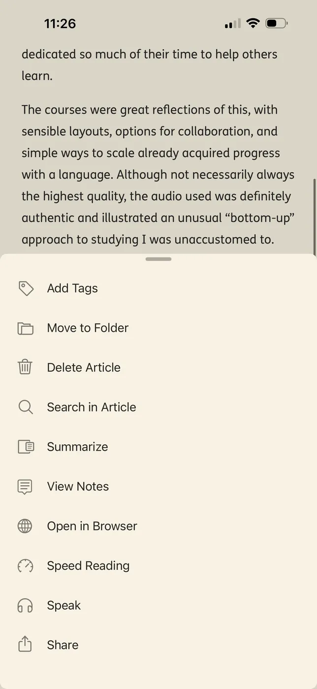 additional options in instapaper