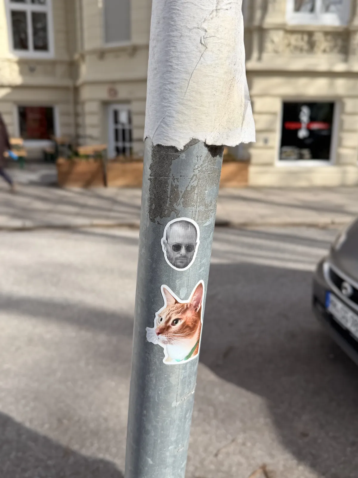 A gray metal pole has a torn section, and two stickers are attached: one featuring a head and another depicting a cat with a colorful outline. In the background, a blurred street and building can be seen.