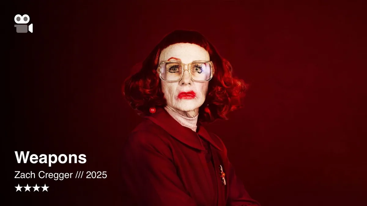 A woman with striking red curly hair and oversized glasses poses against a deep red background, wearing a burgundy jacket. The text on the left side indicates the title "Weapons," the director's name "Zach Cregger," and the year "2025," along with a four-star rating.