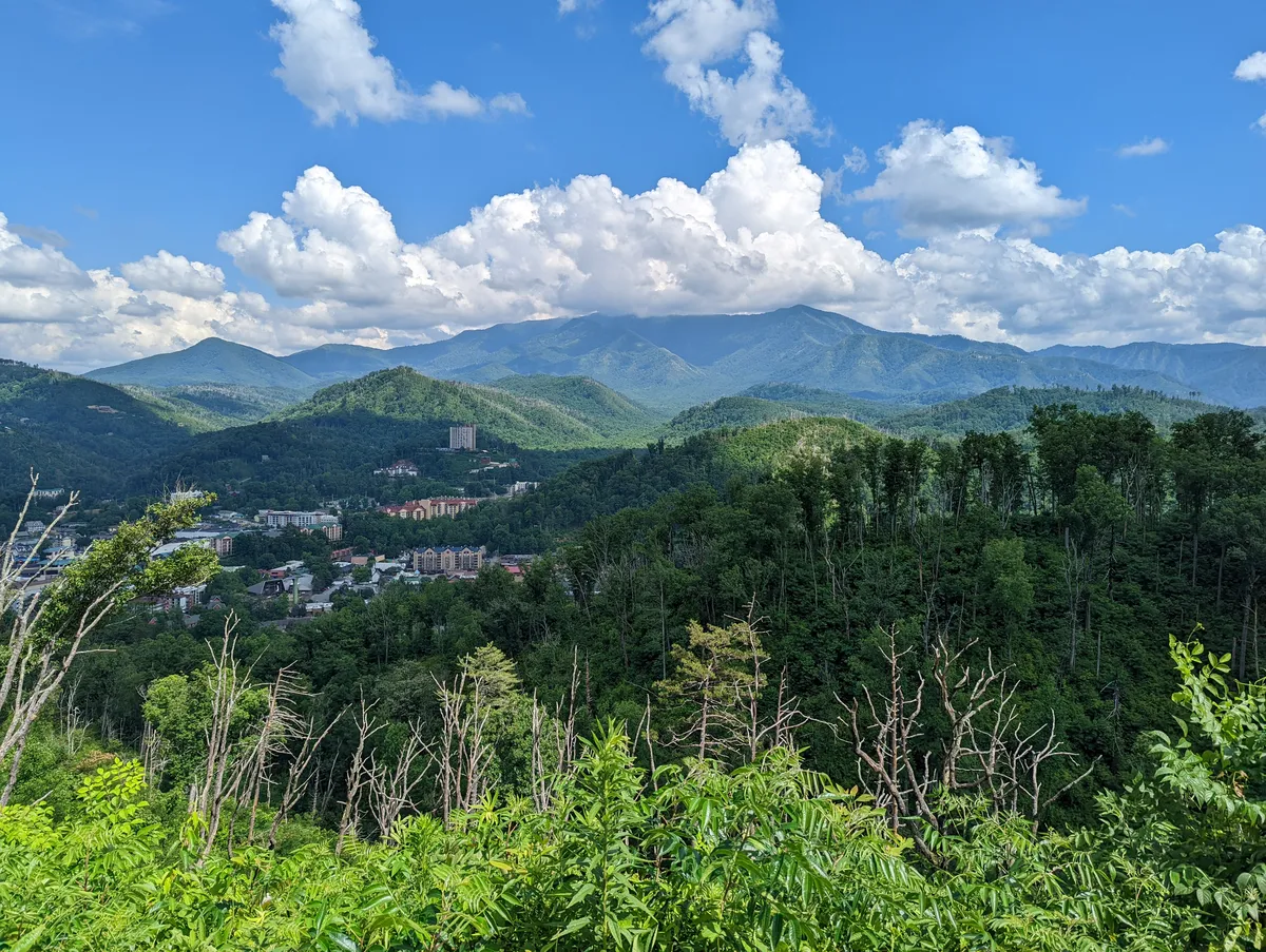 a panoramic view of the Great Smoky Mountains in Gatlinburg Tennessee