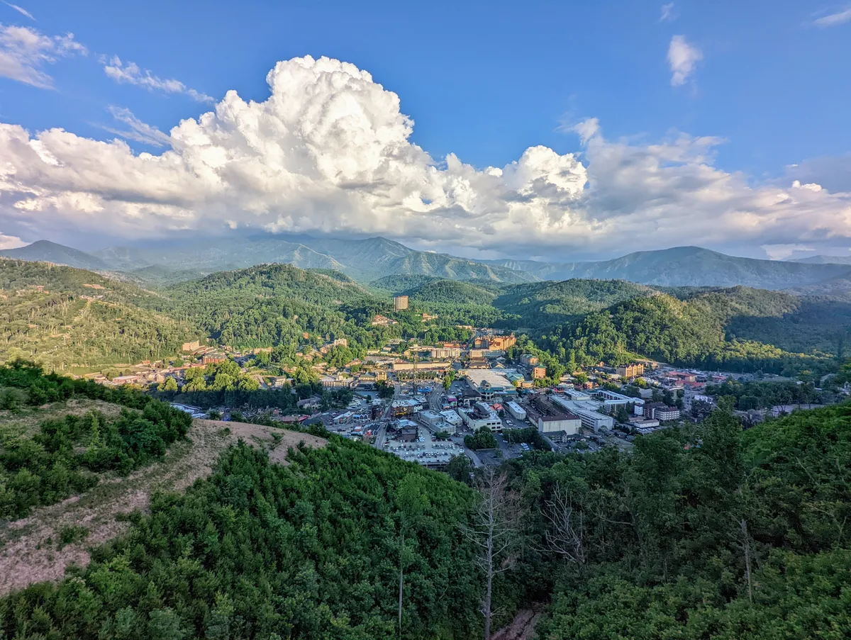 The panoramic view of Gatlinburg TN and the surrounding mountains, from the top of the mountain