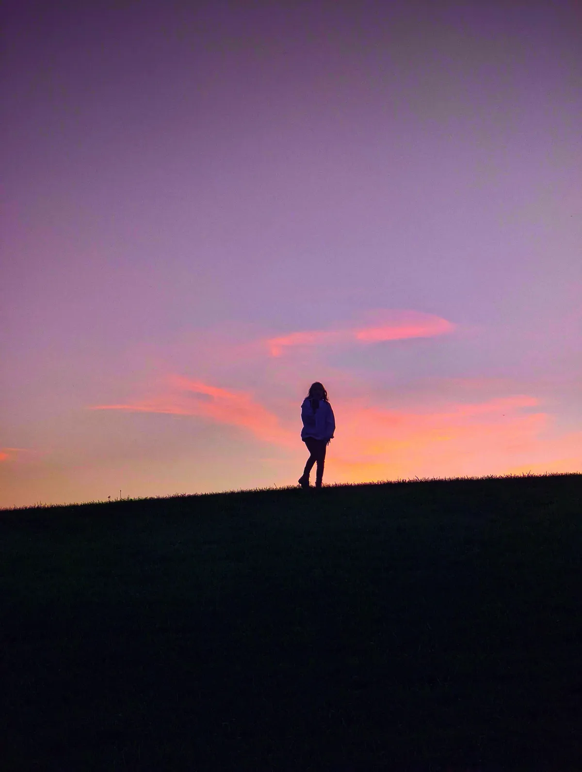 the silhouette of my daughter standing on a hill in front of a pink and purple sunset sky