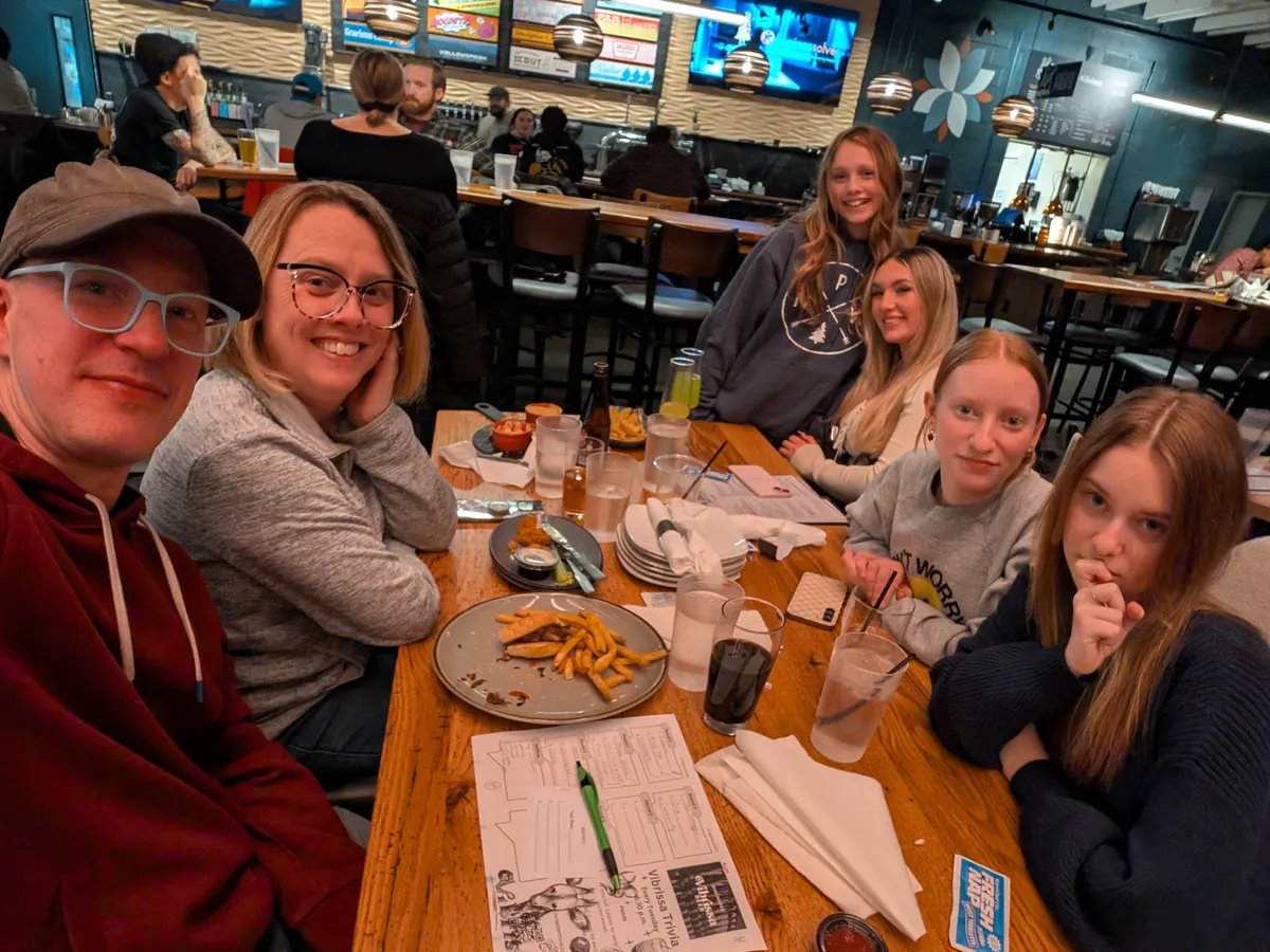 me, my wife, and daughters at pub trivia