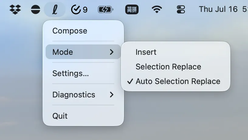 LaTeX Suite tray menu showing the three composition modes