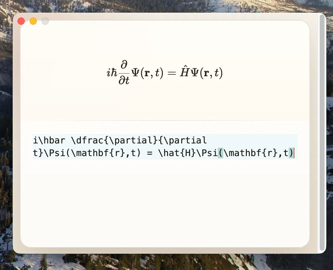 LaTeX Suite composer showing a live Schrödinger equation preview