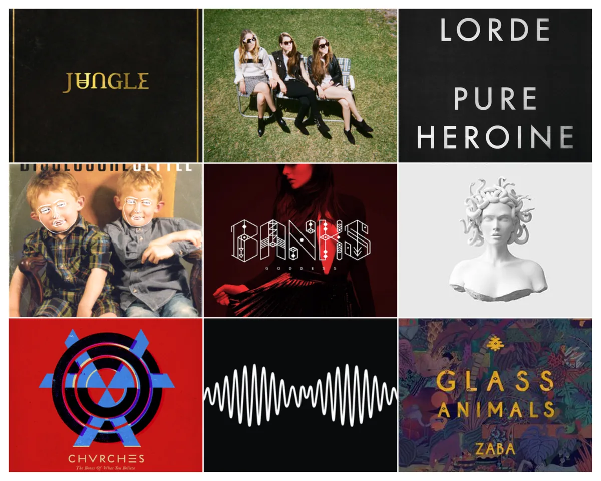 Collage grid of nine influential music albums including Jungle, Haim 