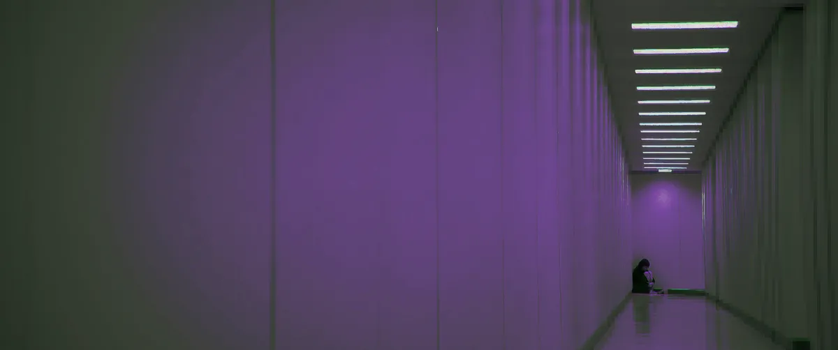 A stylized screenshot of the show Severance. The colour scheme has been changed to light purple lighting, and dark green shadow. It shows the character Helly huddled in a corner with her arms wrapped around her legs.>
<link rel=