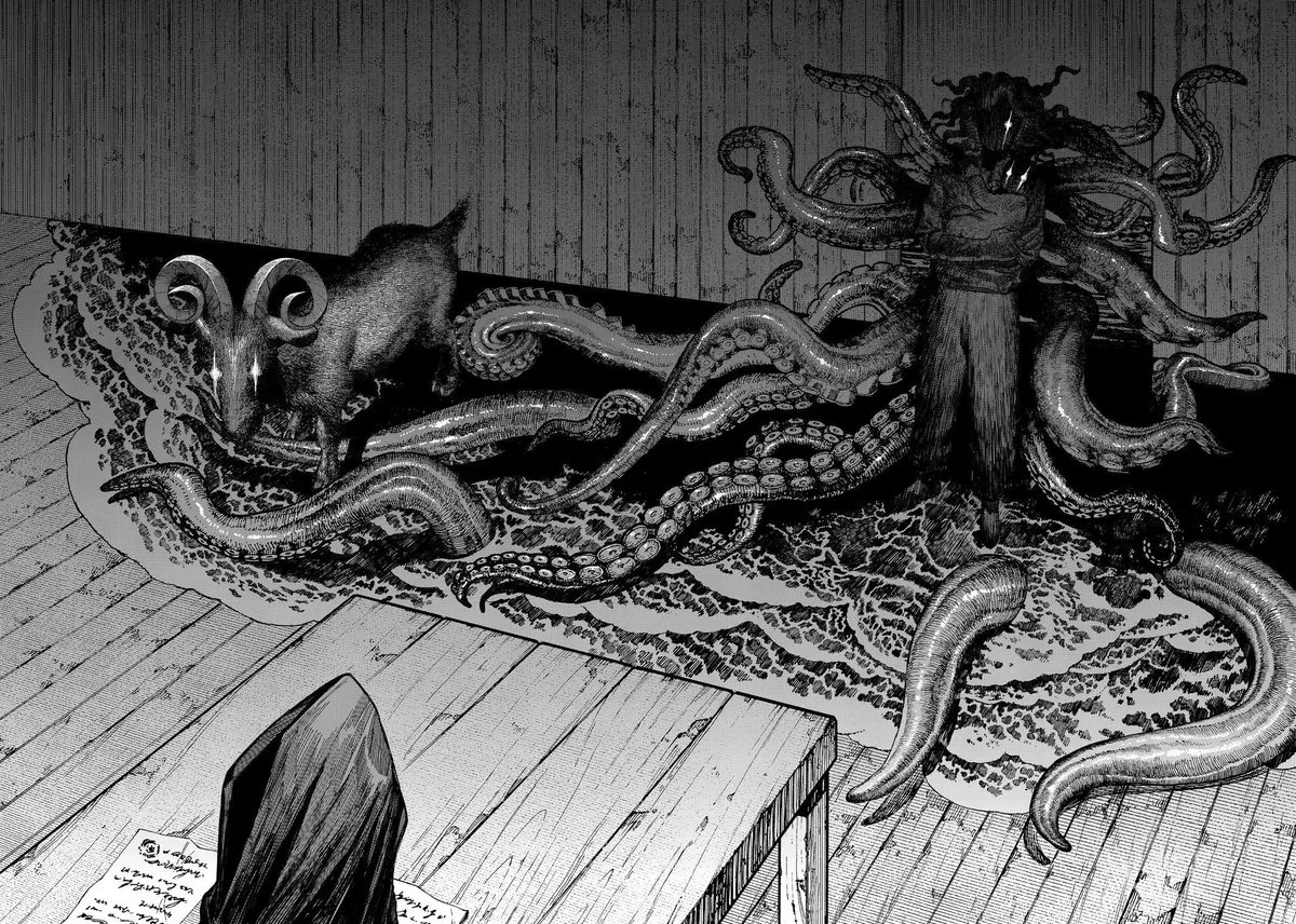 A character holding a child, tentacles spreading out from behind them. A goat stands nearby, despite the fact they are inside, the sea is present and all their eyes are glowing.