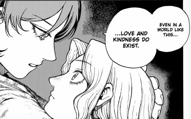 Two characters from centuria embracing and one is saying to the other 'Even in a world like this, Love and kindness do exist.'