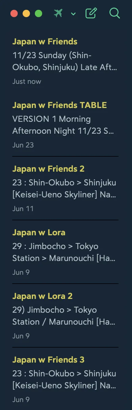 A screenshot of the Bear app showing a list of notes, specifically variations of 'Japan w Friends'