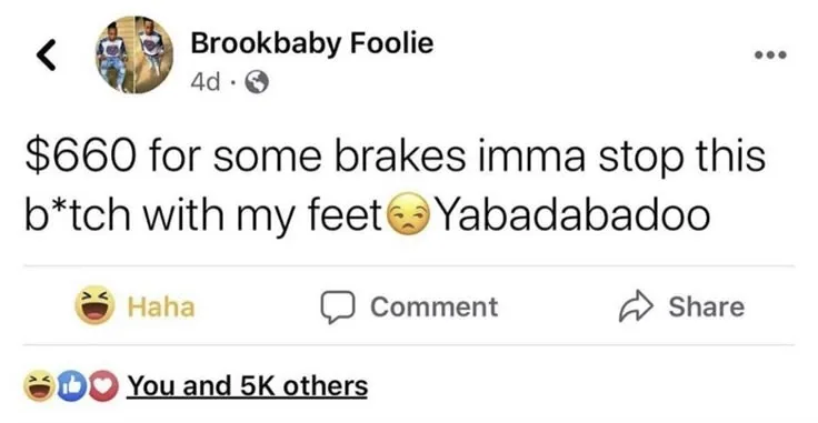 A screenshot of a Facebook status by a man named Brookbaby Foolie, saying 
