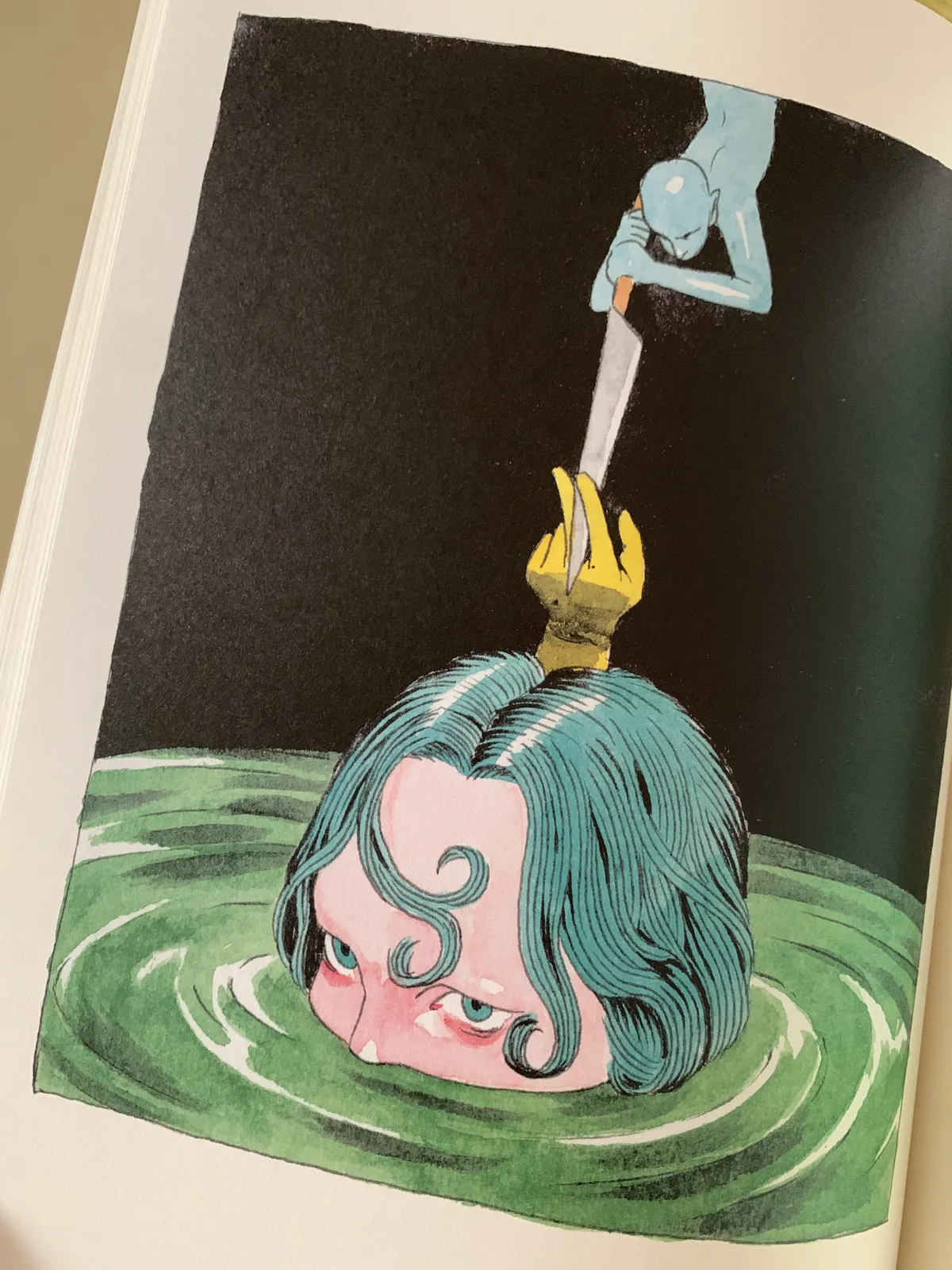 A page of a book with artwork of a woman with green hair submerged in water up to the bottom half of her face. A small yellow hand emerges from the top of her head, with a knife wielded by a small humanoid between its two fingers.