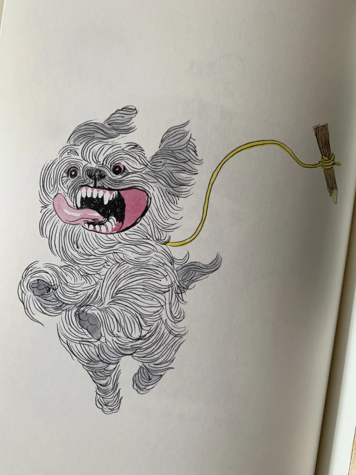 A page of a book with a watercolor painting of a gray dog, running wildly with its tongue out and long fur dancing in the wind. A pencil tied with a yellow rope is tied to the dog like a leash.