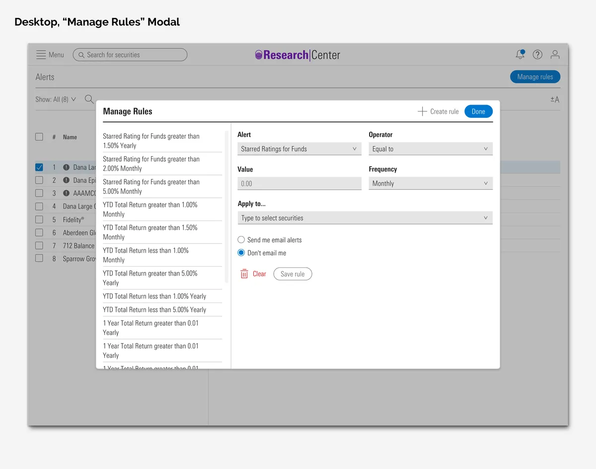 Desktop view of the Research Center application showing a 'Manage Rules' modal dialog window. The modal includes a left sidebar listing rules such as 'Starred Rating for Funds greater than 1.50% Yearly,' and a right configuration panel with dropdowns for Alert type, Operator, Frequency, and security selection.