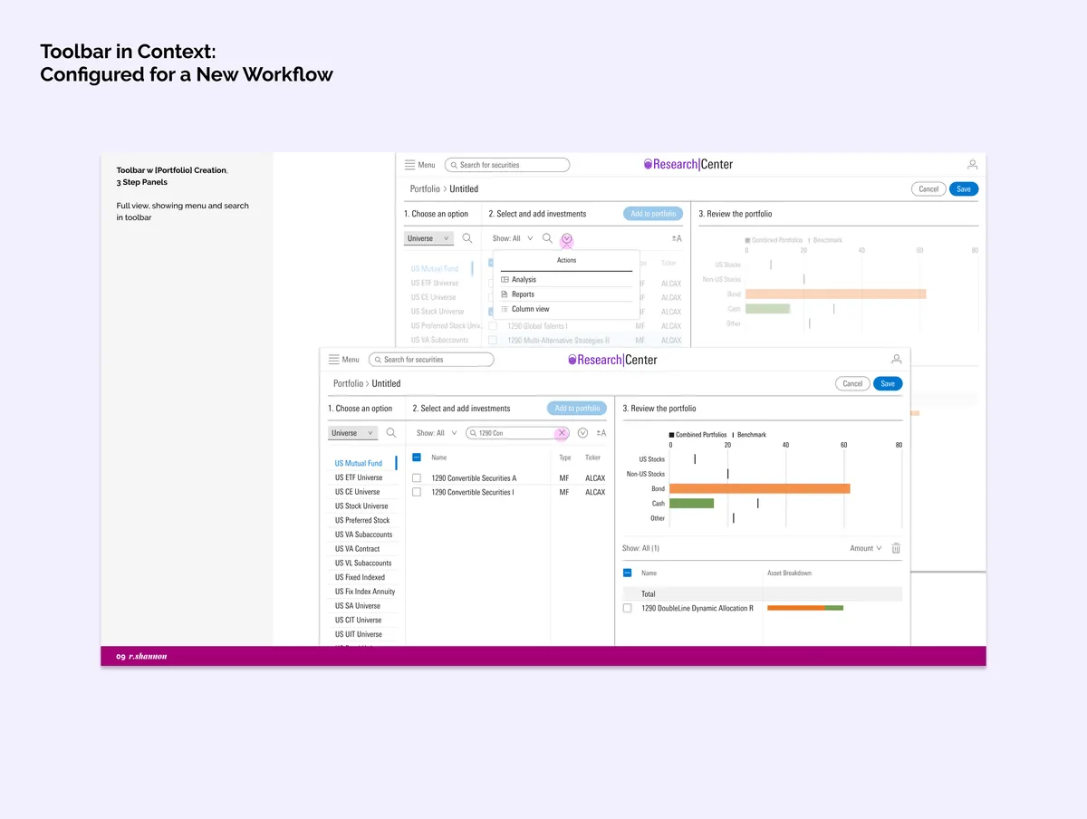 UX design layout titled 'Toolbar in Context: Configured for a New Workflow,' displaying a full view of a 3-step portfolio creation interface in 'Research Center'. Annotations on the left describe the panels, while two overlapping interface states show the portfolio setup steps, including a search filter, an open 'Actions' dropdown menu, and a portfolio asset breakdown chart.