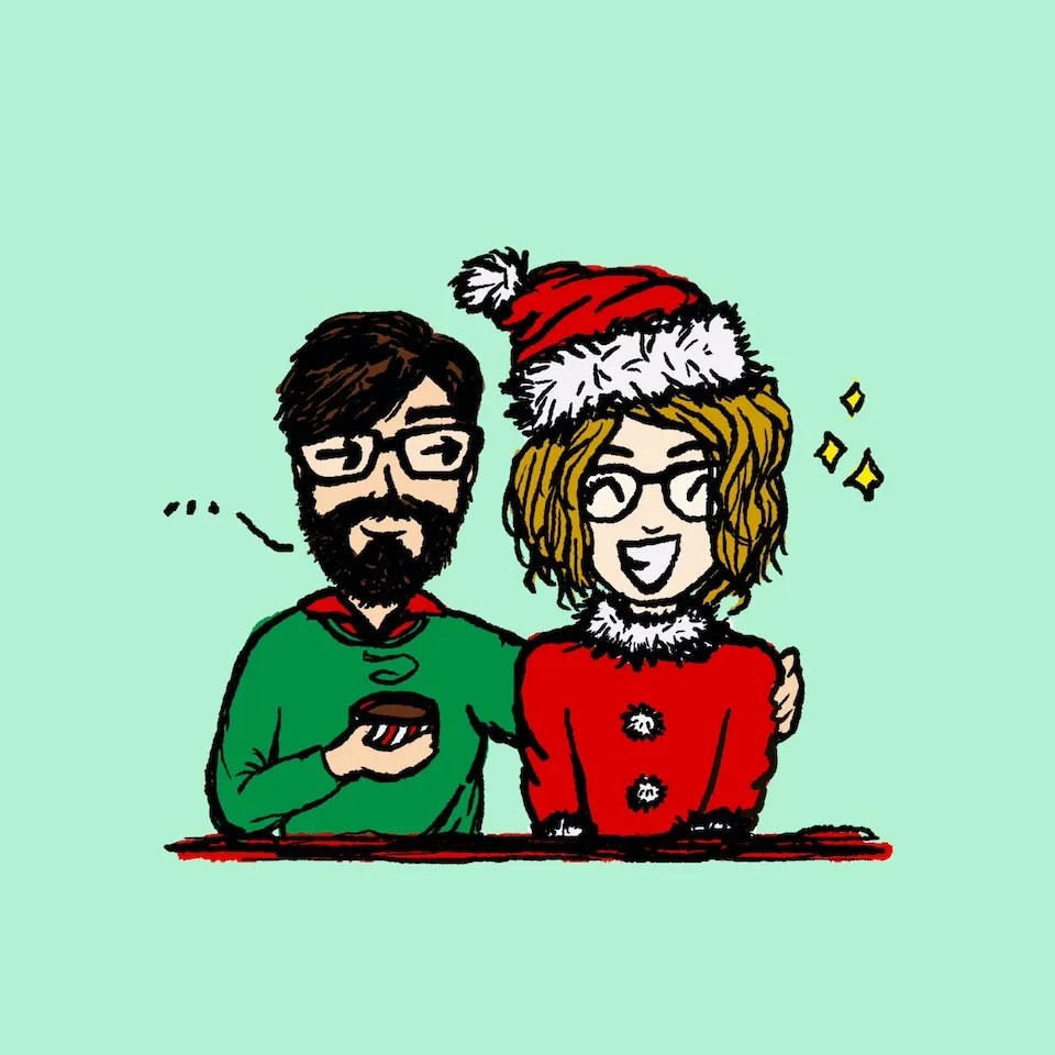Digital art sketch of a man and a woman against a light green background. On the left, a dark-haired man with glasses and a beard wears a green sweater and holds a steaming mug, with speech dots floating nearby. On the right, a smiling woman with wavy blond hair, glasses, and white-rimmed clothing wears a red Santa hat with a white pom-pom. The man has his arm around the woman, and a few small yellow star sparkles appear to her right.
