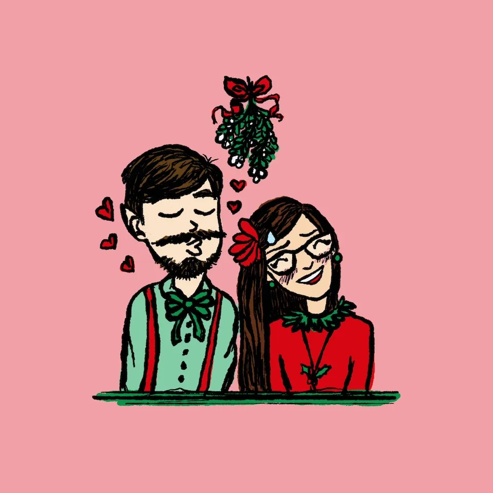 Digital art sketch of a man and a woman standing under mistletoe against a pink background. On the left, a brown-haired man with a mustache and beard puckers his lips for a kiss, wearing a green shirt with red suspenders and a green bow tie, surrounded by floating red hearts. On the right, a long-haired brunette woman wearing glasses, a red top, and a holly necklace smiles nervously with a sweat drop on her cheek. Hanging directly above them is a bunch of mistletoe tied with a red ribbon.