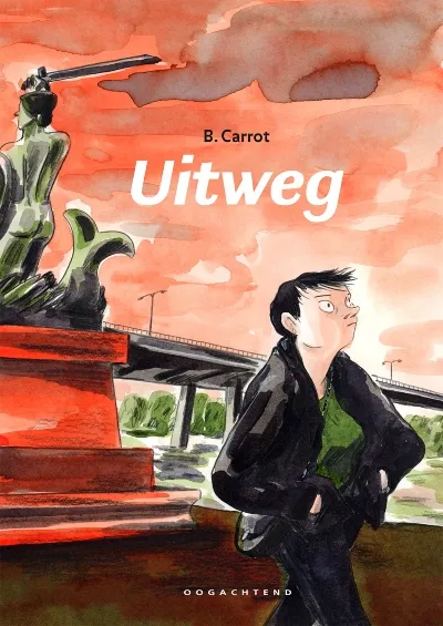 Book cover of ‘uitweg’. It’s an illustration/painting. It shows a white woman with short black hair walking in the foreground. She’s wearing jeans, a green shirt and a black jacket and carrying a purse. The background is a river or canal, with a bridge and a statues. It has a lot of orange/green color tones. The title is in white, the author name in black above it.