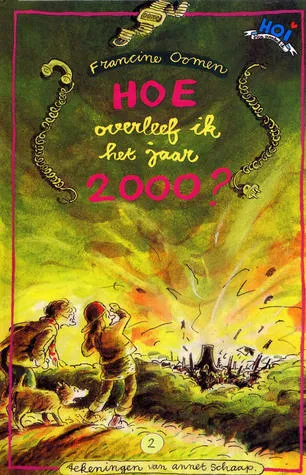 Book cover of ‘Hoe overleef ik het jaar 2000?’. It’s an illustration. It’s night and two children are standing on a hill in the forefront with their dog. In the distance a factory is exploding. Debris is flying everywhere, flames shoot out. The children and dog are shocked. At the top is the title, with a curly telephone cord around it and a watch on top.