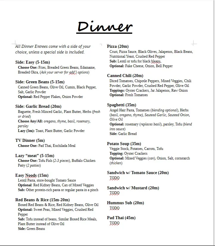 dinner menu, work in progress