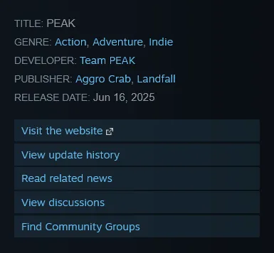 Section on steam listing View Update History and Read Related News links, among others.