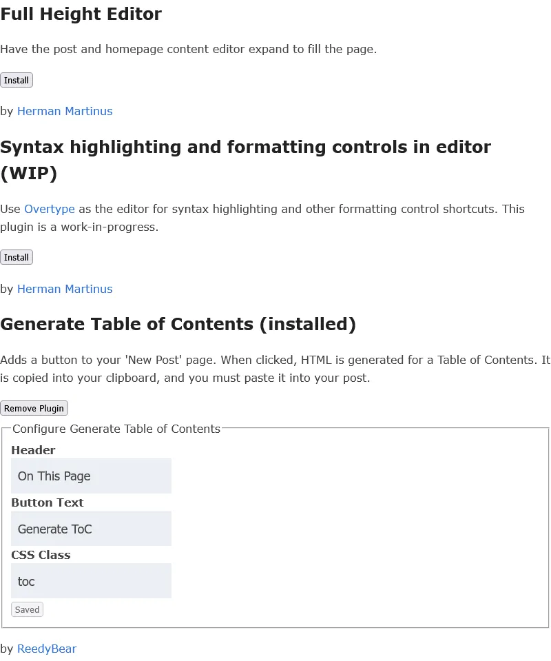 Screenshot of the Plugin Manager screen, listing 4 different installable plugins and a section to configure one of them.