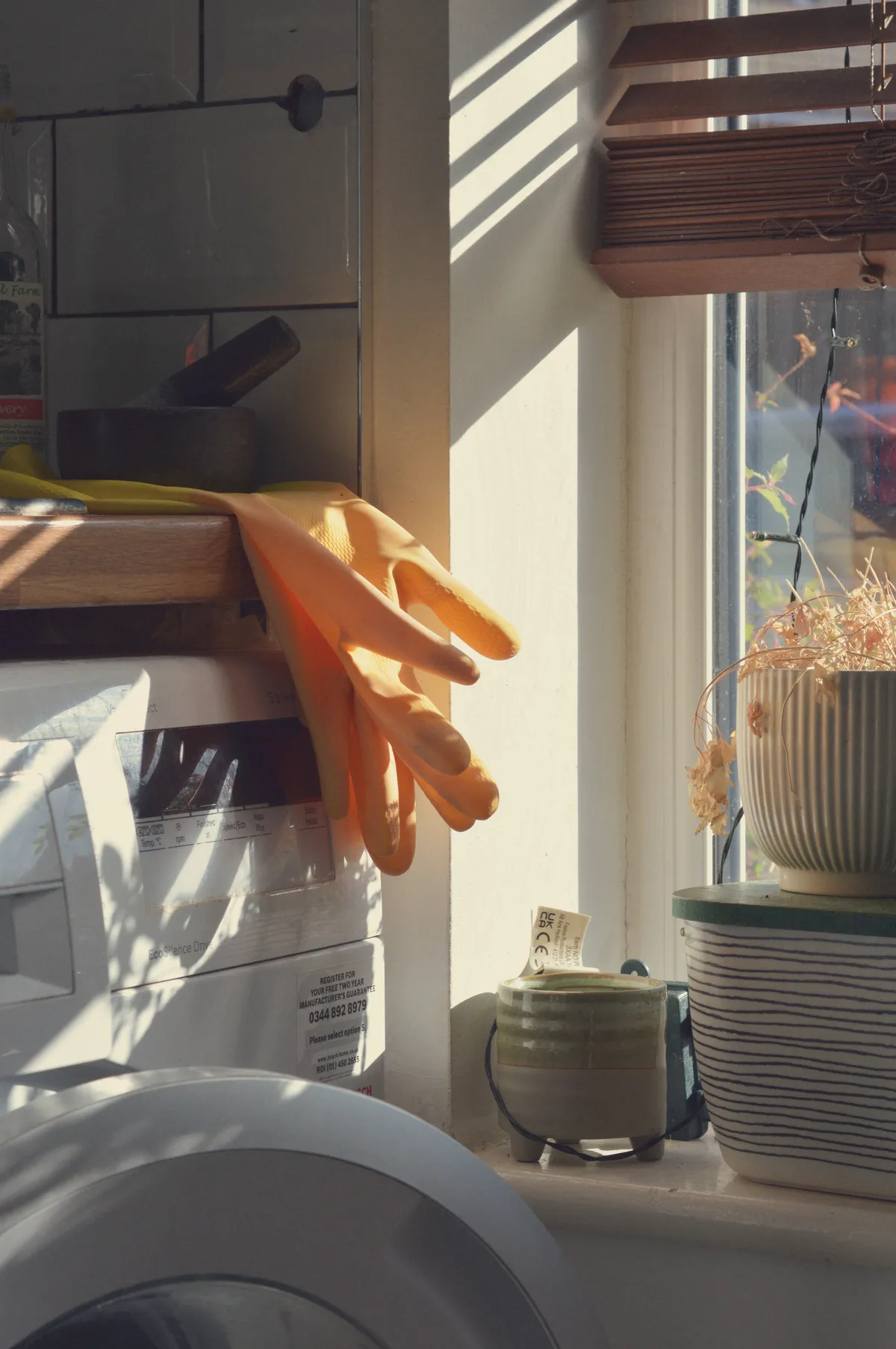A vertical colour photograph of yellow rubber kitchen gloves hanging over a washing machine by a kitchen window. On the windowsill is an empty small flower pot, a box with a dried out parsley plant in a white striated pot. Light falls through, create a play of shadows and light on the scene.