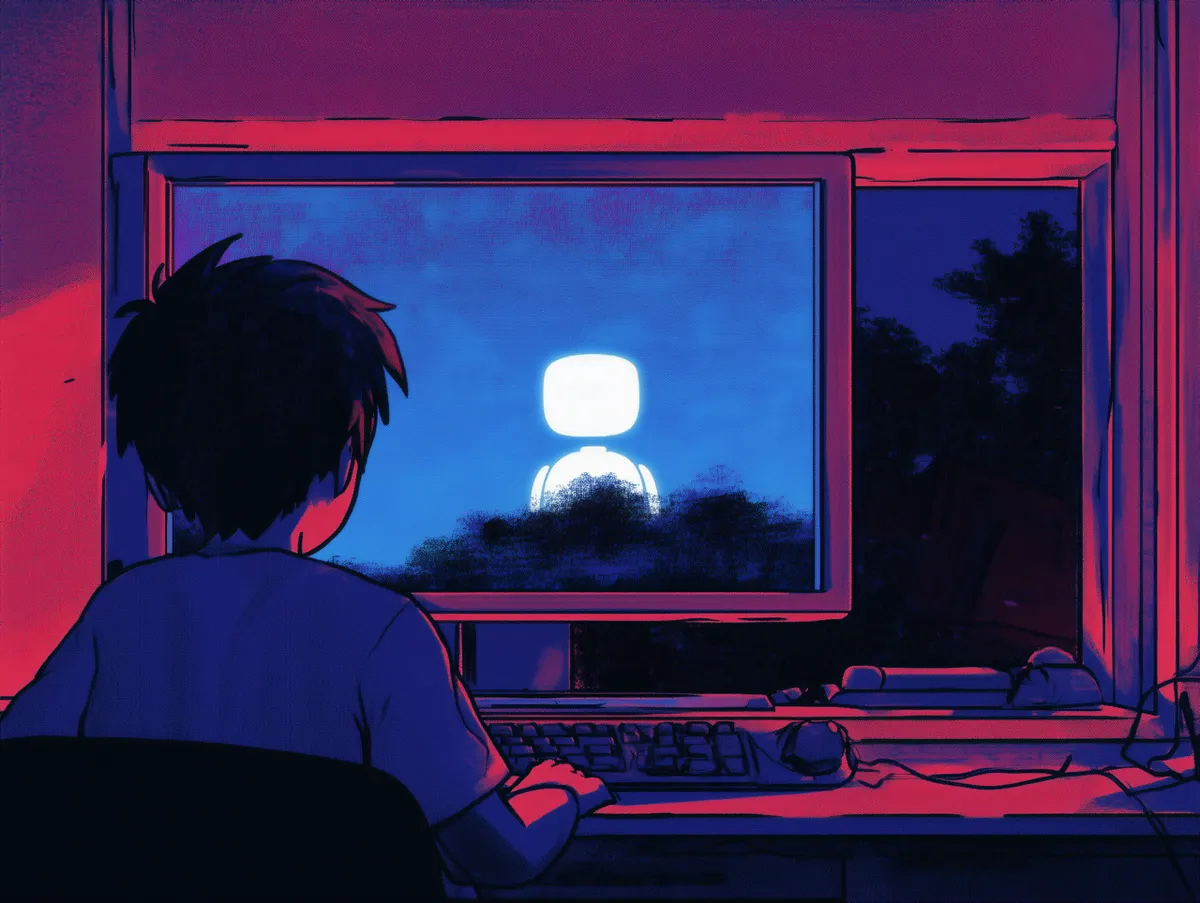An anime-style illustration showing a person sitting at a computer desk at night, viewed from behind. The scene is rendered in deep purples, blues, and reds. Through the window, there's a bright white moon or light source in a dark blue sky with silhouetted trees. The desk has a keyboard and appears to be a work or gaming setup. The overall mood is contemplative and atmospheric with its lo-fi aesthetic.